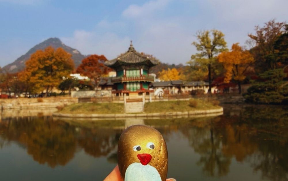 Hand-painted penguin stone #507 hidden at Gyeongbokgung Palace, Seoul, South Korea (photo 1 of 5)