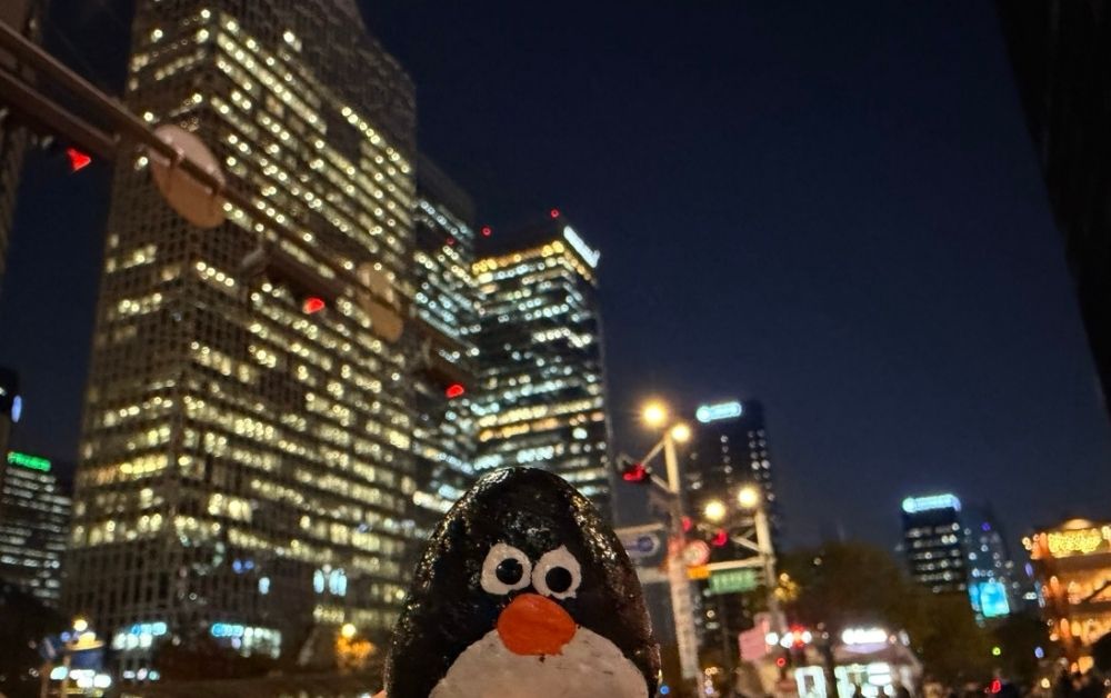 Hand-painted penguin stone #825 hidden at Jangtonggyo Bridge at Cheonggyecheon Stream, Seoul, South Korea (photo 1 of 5)
