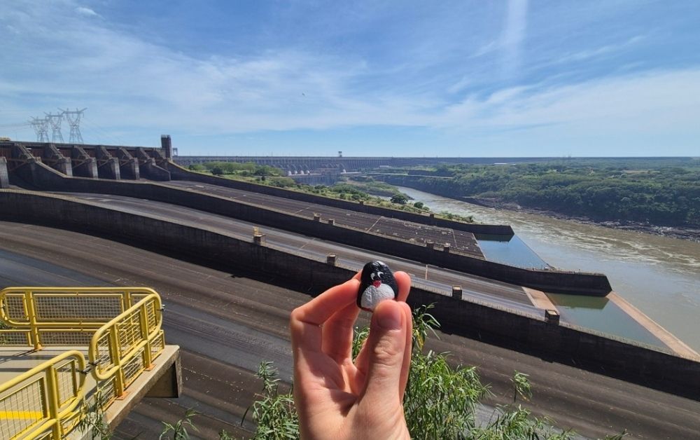 Hand-painted penguin stone #308 hidden at Mirador Itaipu Paraguay, Itaipu, Paraguay (photo 1 of 4)