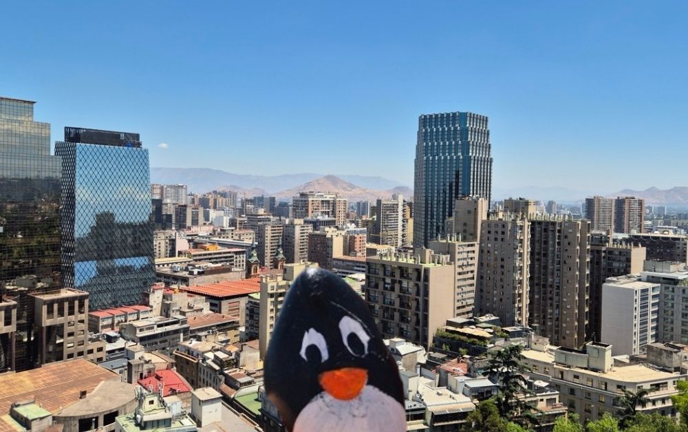 Hand-painted penguin stone #343 hidden at Cerro Santa Lucia, Santiago, Chile (photo 1 of 5)