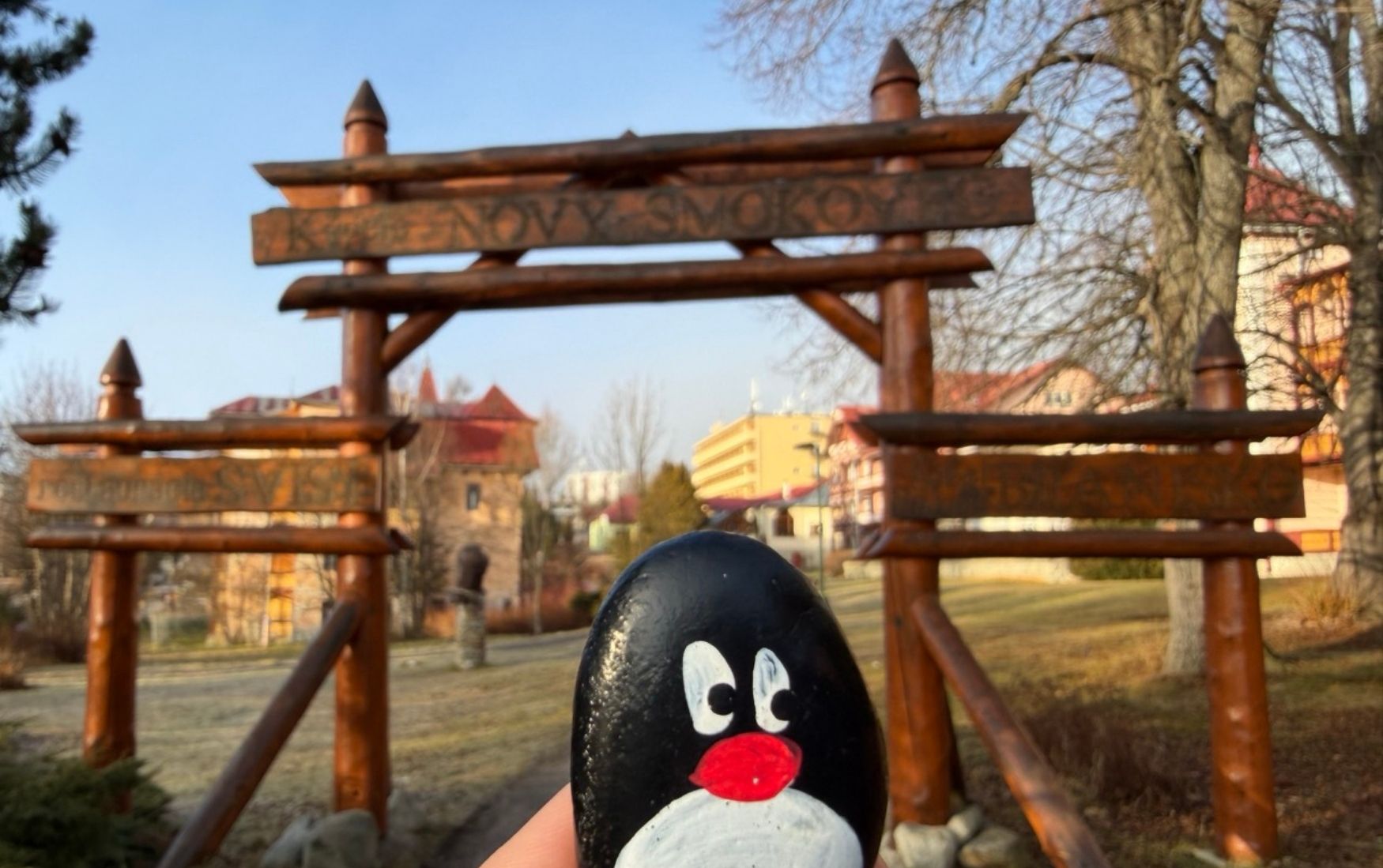 Hand-painted penguin stone #678 hidden at Stary Smokovec, High Tatras, Slovakia (photo 1 of 5)