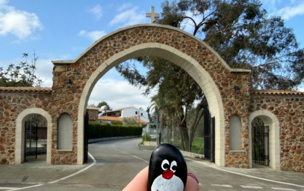 Hand-painted penguin stone #866 hidden at Holy Monastery of Saint Thecla, Mosfiloti, Cyprus (photo 1 of 5)