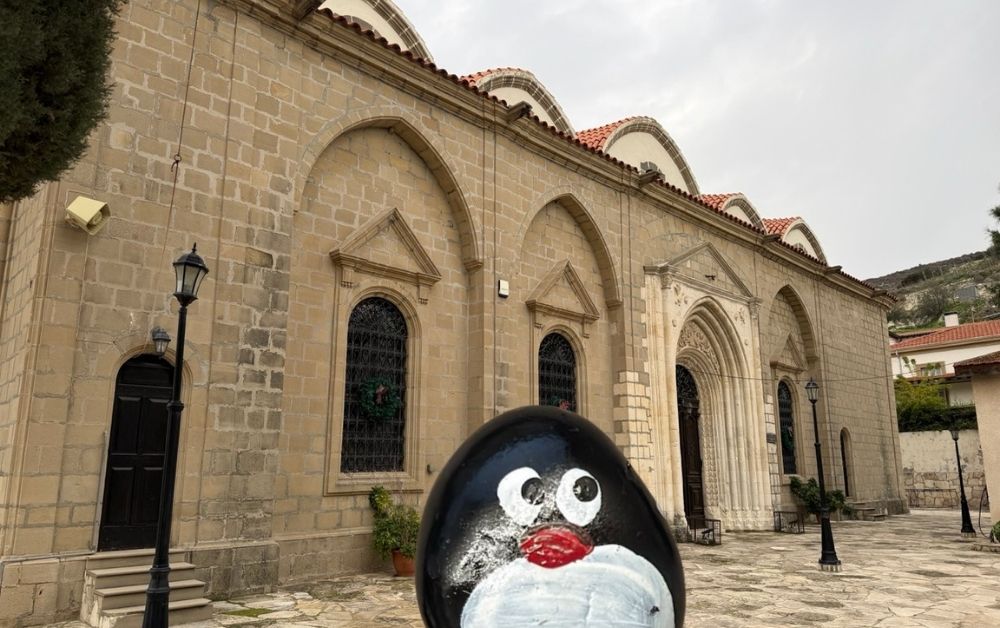 Hand-painted penguin stone #911 hidden at Greek Orthodox Church, Kalavasos, Cyprus (photo 1 of 5)