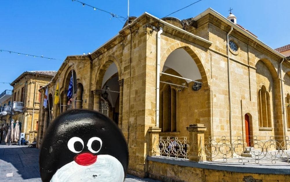 Hand-painted penguin stone #912 hidden at Church of Panayias Phaneromenis, Nicosia, Cyprus (photo 1 of 5)