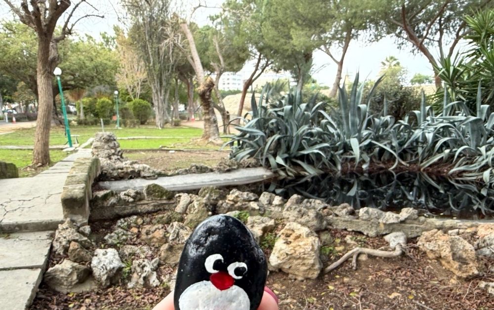 Hand-painted penguin stone #919 hidden at Bayraktar Mosque, Nicosia, Cyprus (photo 1 of 5)