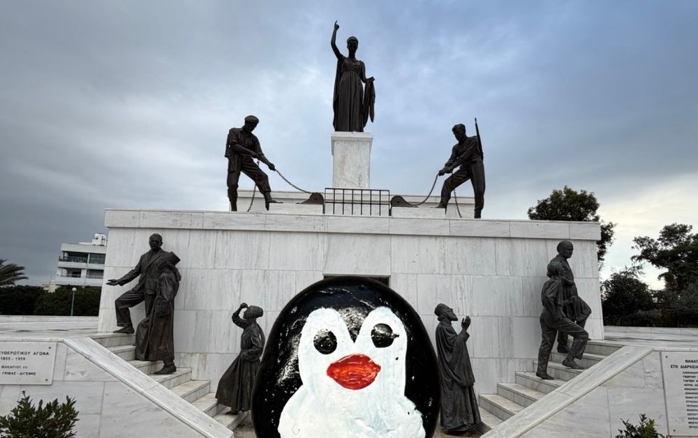 Hand-painted penguin stone #948 hidden at The Liberty Monument, Nicosia, Cyprus (photo 1 of 5)