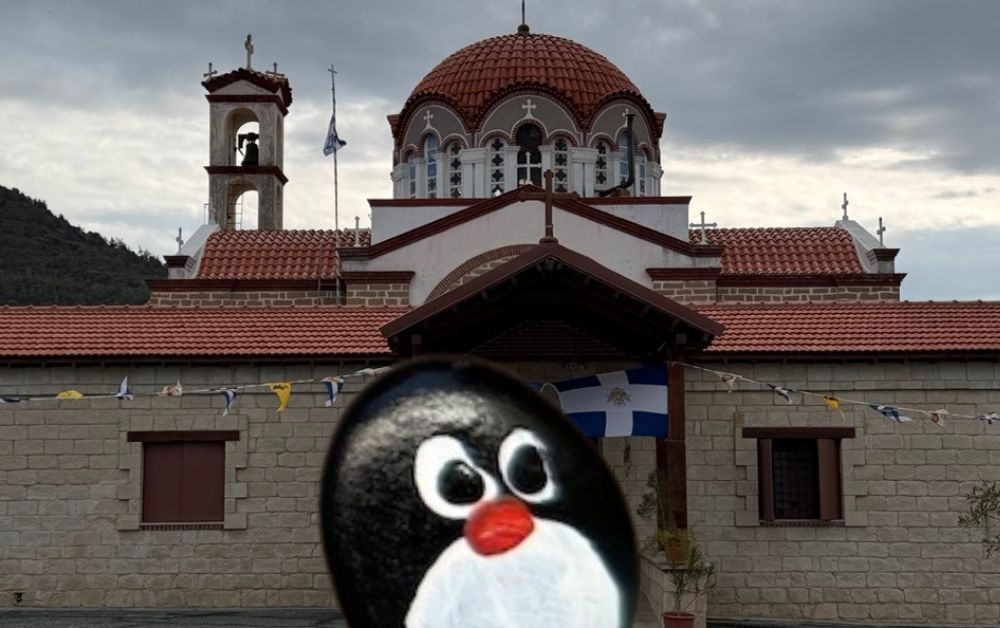 Hand-painted penguin stone #954 hidden at Panagia Galaktotrofousa, Kofinou, Cyprus (photo 1 of 5)