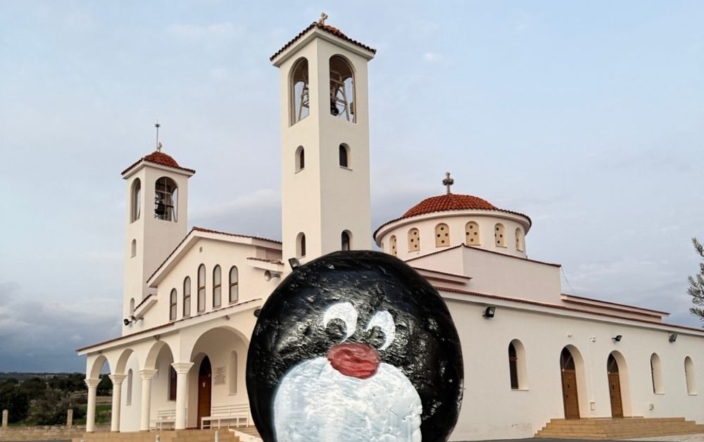 Hand-painted penguin stone #974 hidden at Ekklisia Metamorfoseos, Avdimou, Cyprus (photo 1 of 5)
