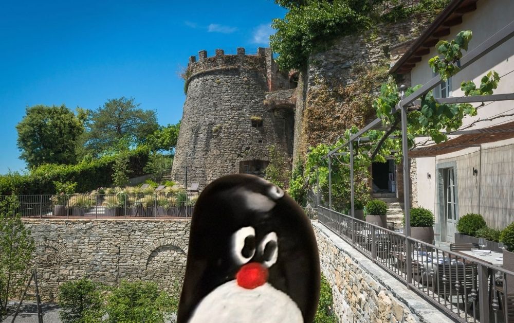 Hand-painted penguin stone #978 hidden at Torre Castello San Vigilio, Bergamo, Italy (photo 1 of 5)