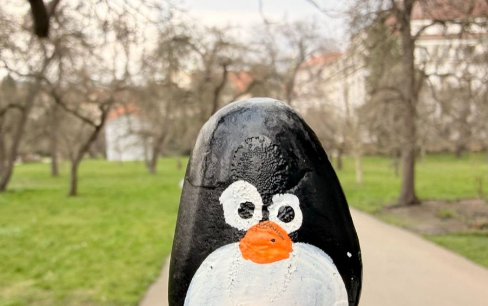 Hand-painted penguin stone #860 hidden at Chapel of St. Eliase, Prague, Czechia (photo 1 of 5)