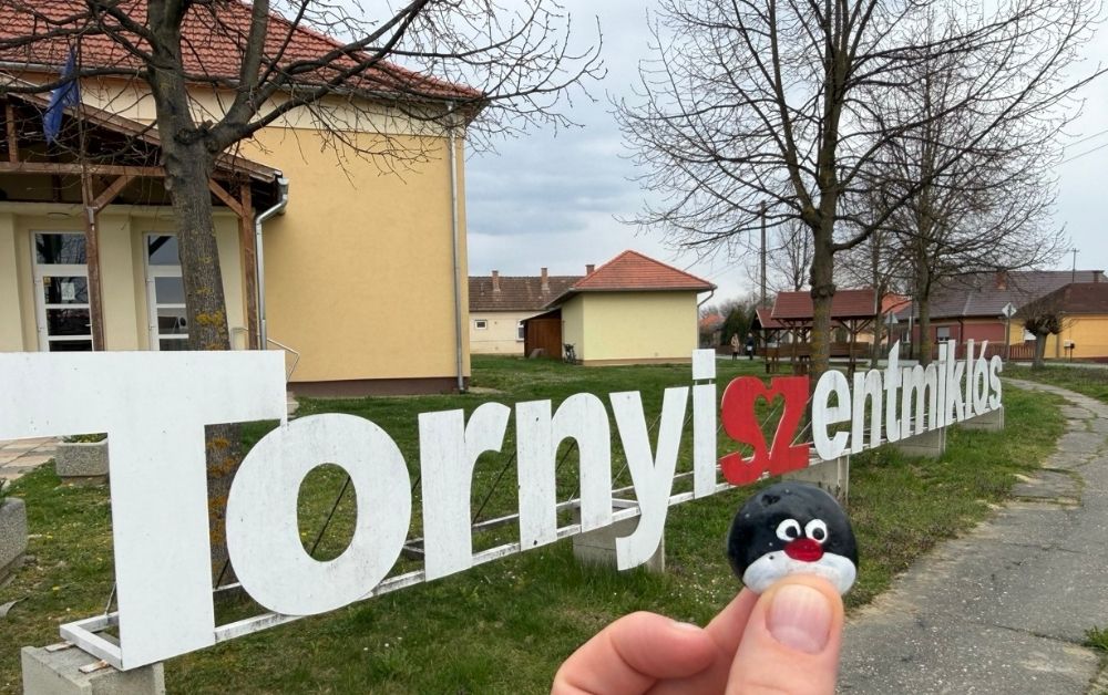 Hand-painted penguin stone #894 hidden at Town Sign, Tornyiszentmiklos, Hungary (photo 1 of 4)