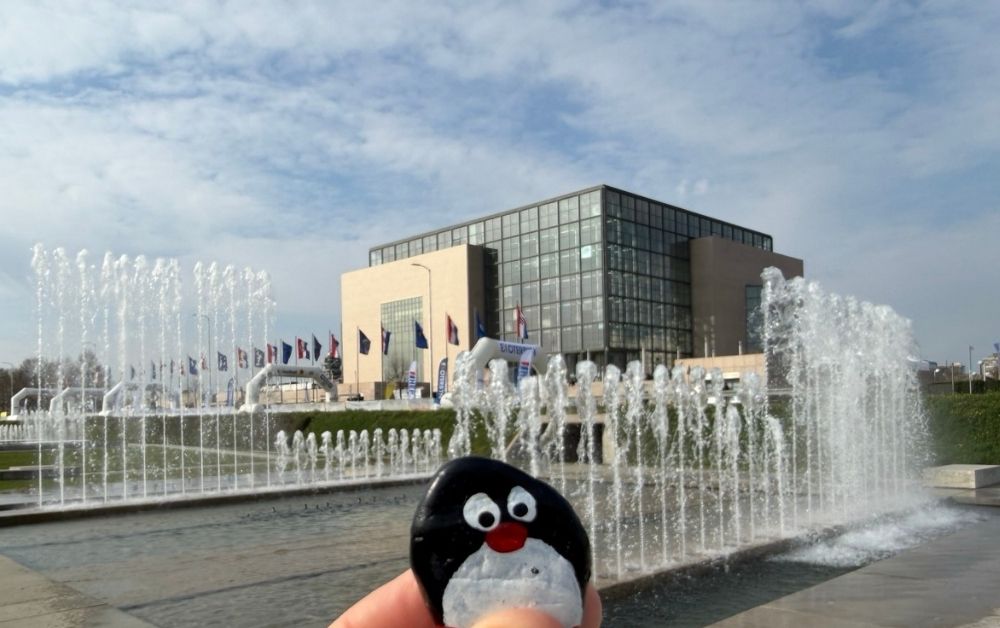 Hand-painted penguin stone #980 hidden at Park of Fountains, Zagreb, Croatia (photo 1 of 4)