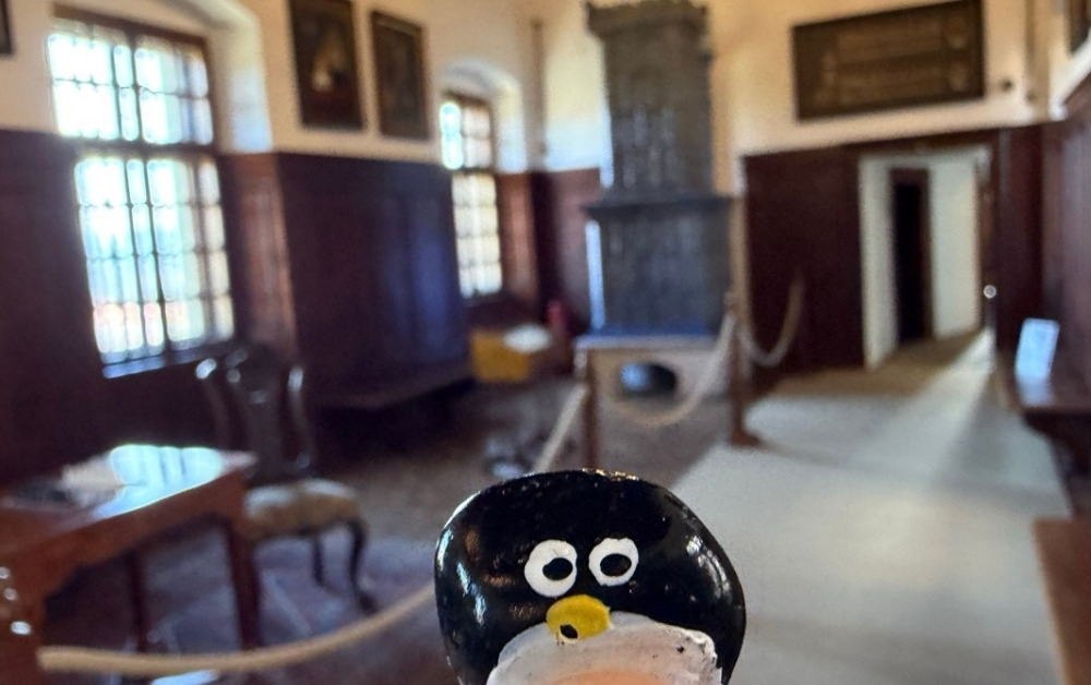 Hand-painted penguin stone #1011 hidden at Curtain Wall of Bojnice Castle, Bojnice, Slovakia (photo 1 of 5)