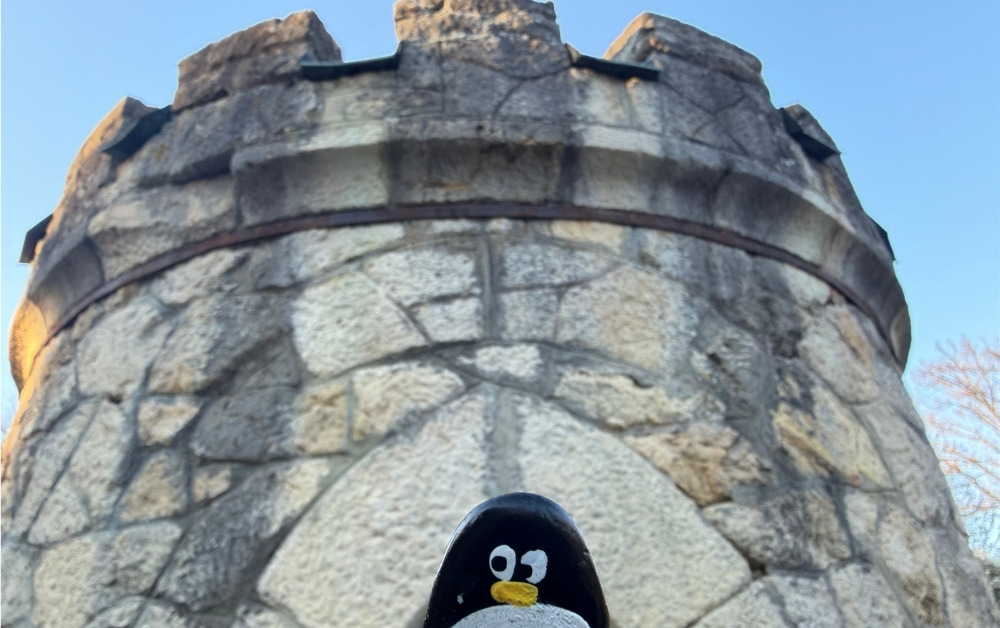 Hand-painted penguin stone #1014 hidden at Bojnice's rotunda, Bojnice, Slovakia (photo 1 of 5)