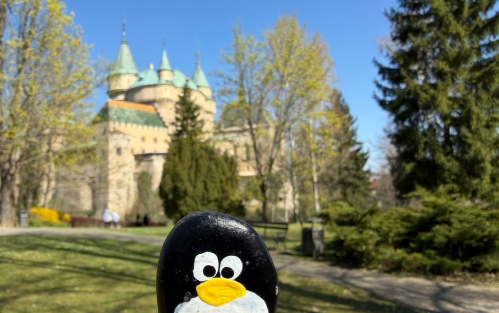 Hand-painted penguin stone #1062 hidden at Garden Bojnice Castle, Bojnice, Slovakia (photo 1 of 4)