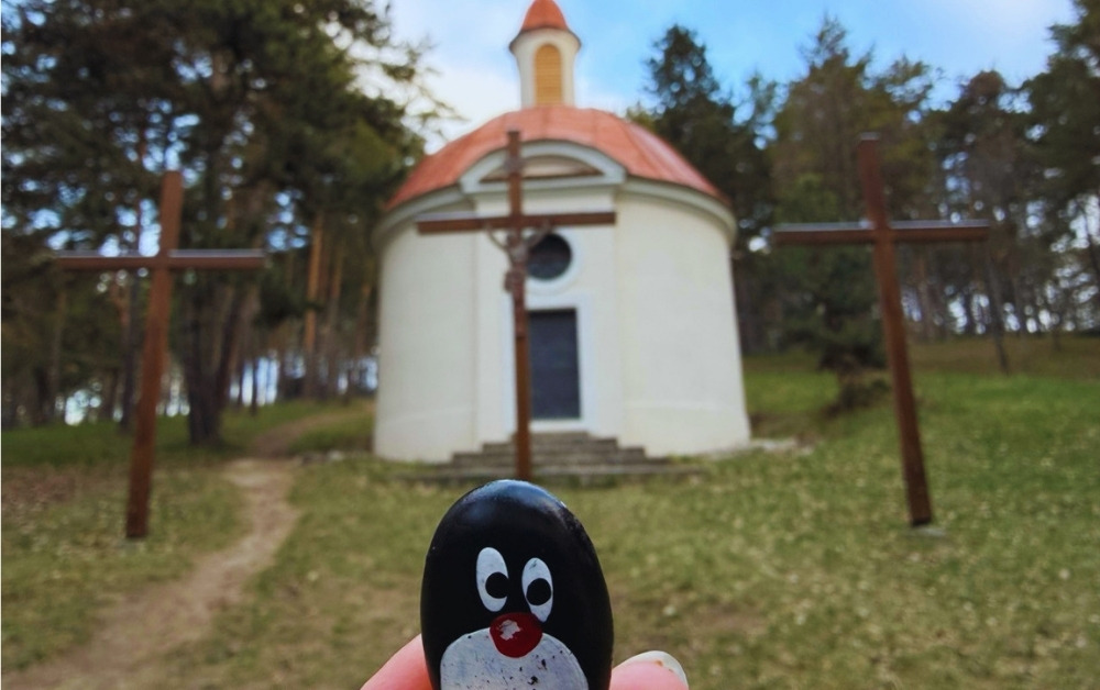 Hand-painted penguin stone #869 hidden at Chapel of the Virgin Mary, Bojnice, Slovakia (photo 1 of 5)