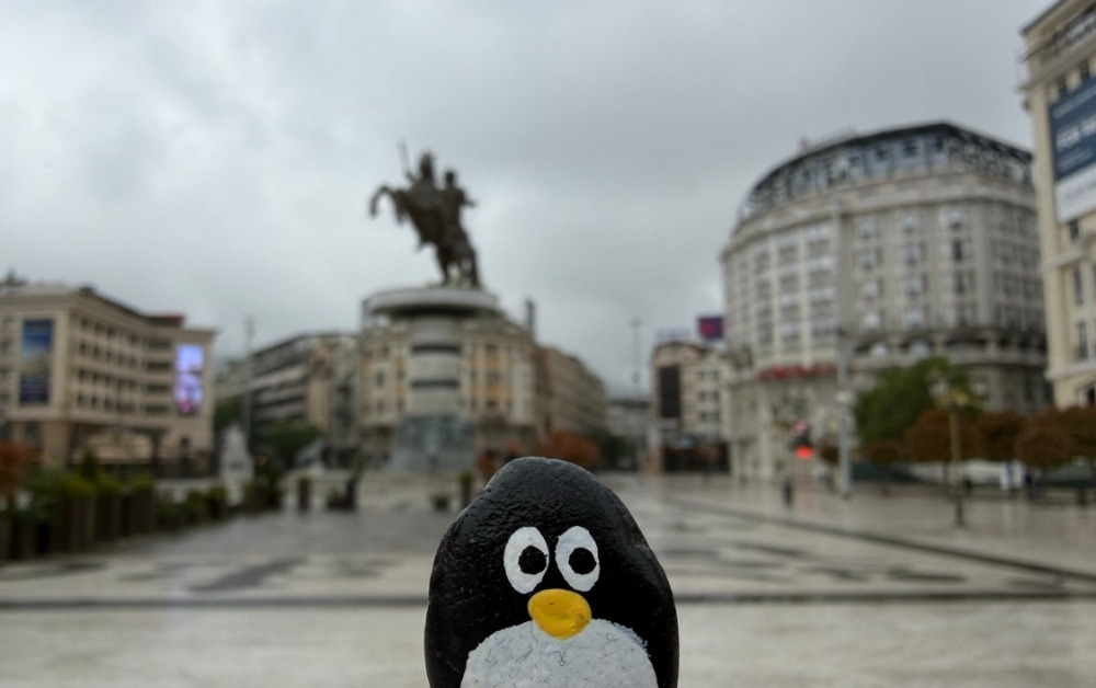 Hand-painted penguin stone #1009 hidden at Stone Bridge, Skopje, North Macedonia (photo 1 of 5)