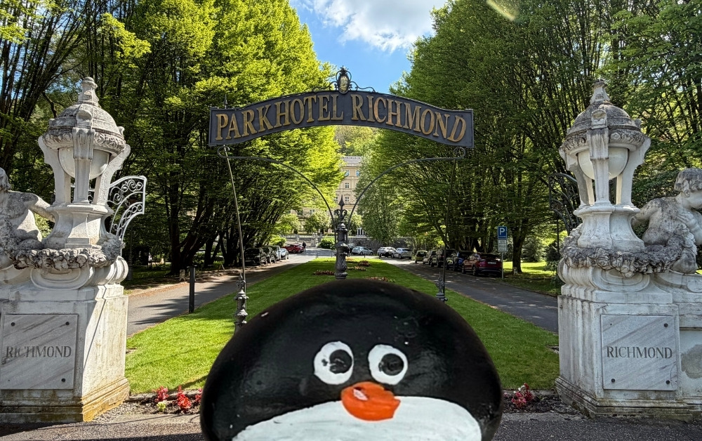Hand-painted penguin stone #1092 hidden at Park Hotel Richmond, Karlove Vary, Czechia (photo 1 of 5)