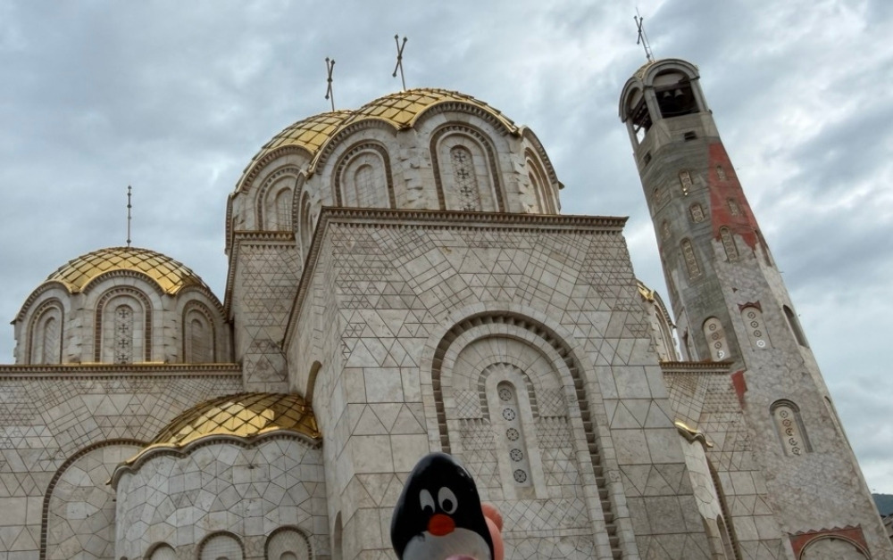 Hand-painted penguin stone #1126 hidden at Hram Sv. Konstantin i Elena, Skopje, North Macedonia (photo 1 of 5)