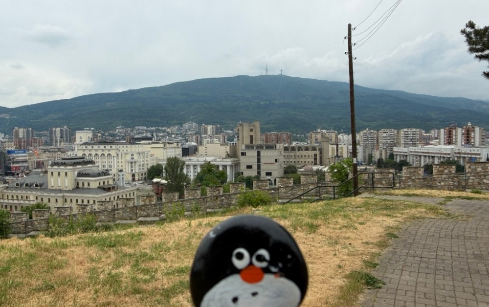 Hand-painted penguin stone #1149 hidden at Stairs in Skopje Fortress, Skopje, North Macedonia (photo 1 of 4)