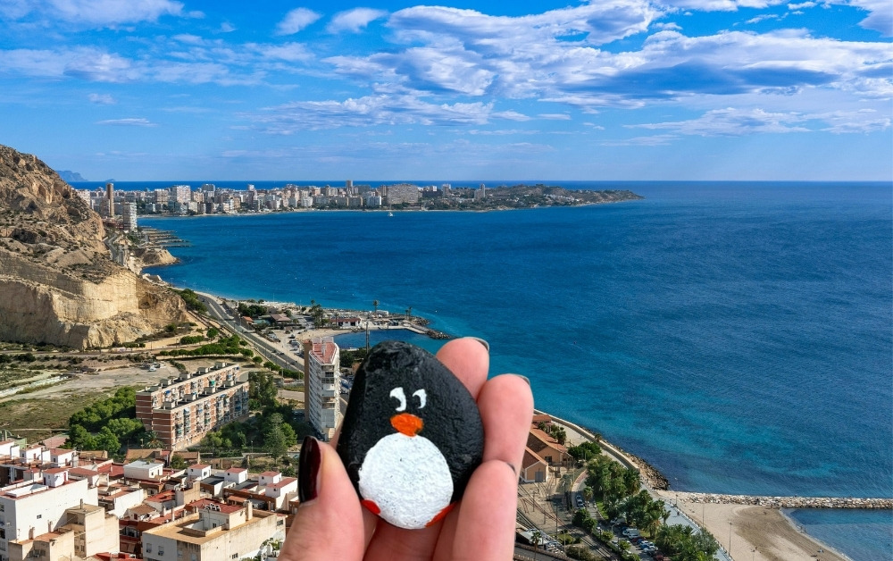 Hand-painted penguin stone #203 hidden at Mirador Blanc, Altea, Spain (photo 1 of 5)