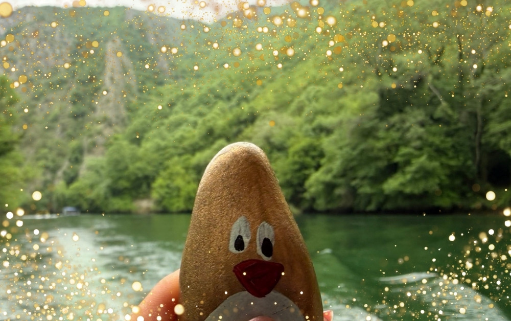 Hand-painted penguin stone #506 hidden at Vrelo Cave, Matka Canyon, North Macedonia (photo 1 of 5)
