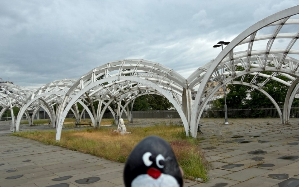Hand-painted penguin stone #867 hidden at Pedestrian zone at Bulevar Goce Delvec, Skopje, North Macedonia (photo 1 of 4)