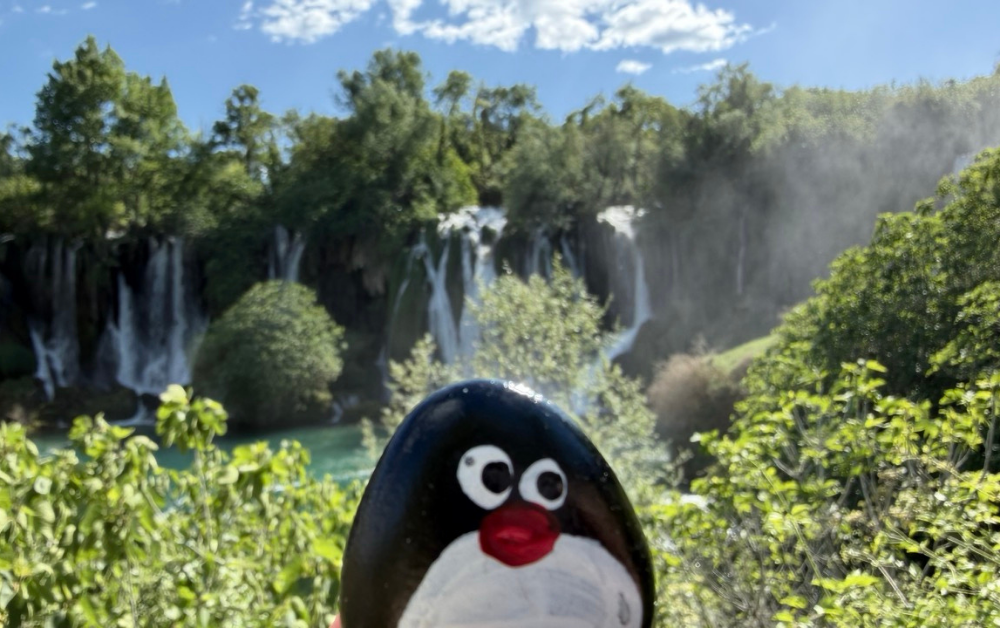 Hand-painted penguin stone #903 hidden at Viewpoint, Kravica Waterfalls, Bosnia and Herzegovina (photo 1 of 4)