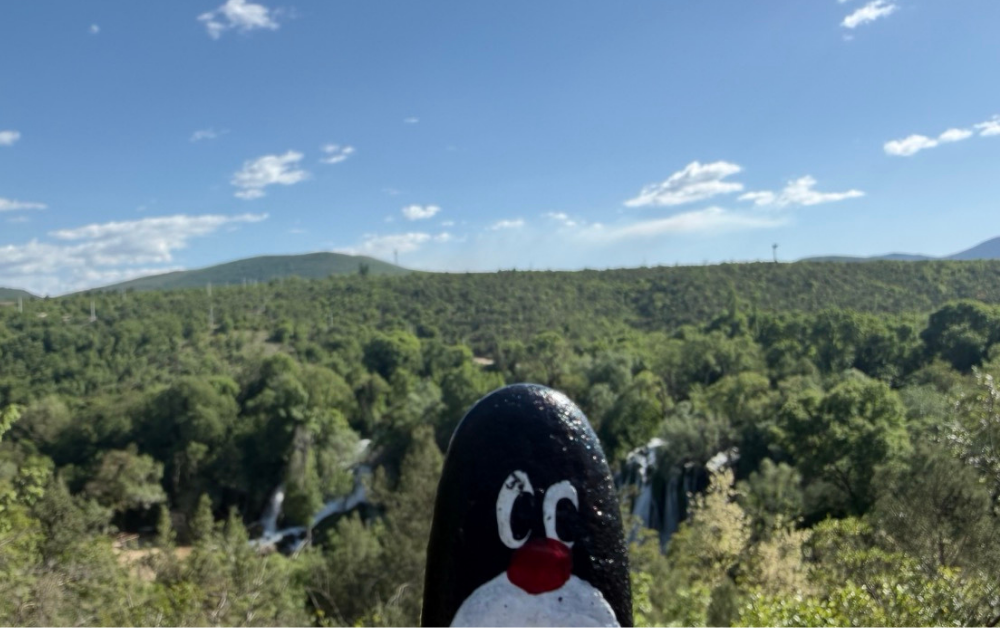 Hand-painted penguin stone #924 hidden at Parking lot, Kravica Waterfalls, Bosnia and Herzegovina (photo 1 of 5)