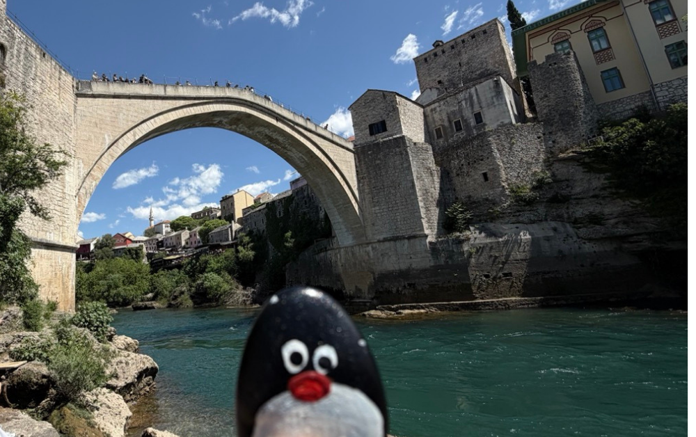 Hand-painted penguin stone #931 hidden at Old Bridge Mostar, Mostar, Bosnia and Herzegovina (photo 1 of 5)