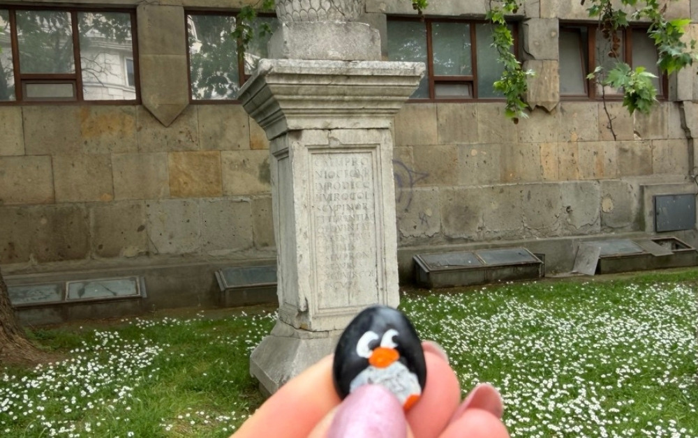 Hand-painted penguin stone #939 hidden at Museum of the City of Skopje, Skopje, North Macedonia (photo 1 of 4)