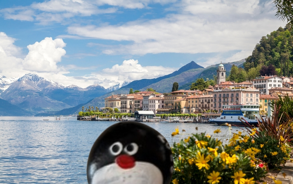 Hand-painted penguin stone #975 hidden at Lago di Como, Como, Italy (photo 1 of 5)