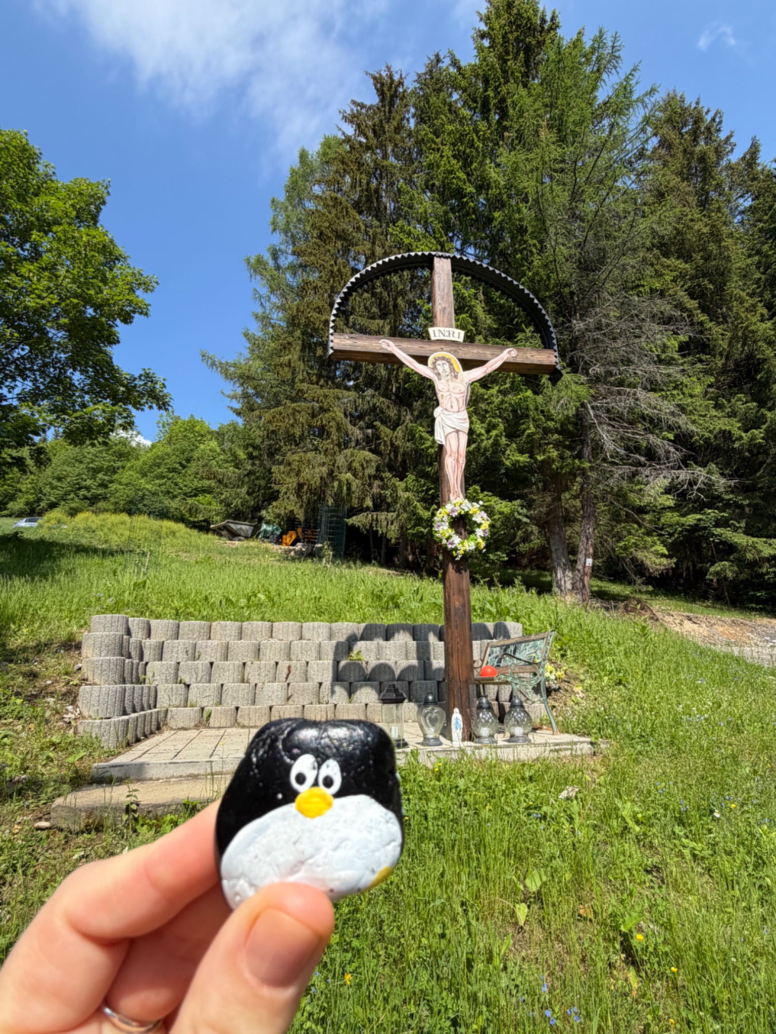 Hand-painted penguin stone #1075 hidden at Rezort Jedlovnik, Vysoka nad Kysucou, Slovakia (photo 1 of 5)