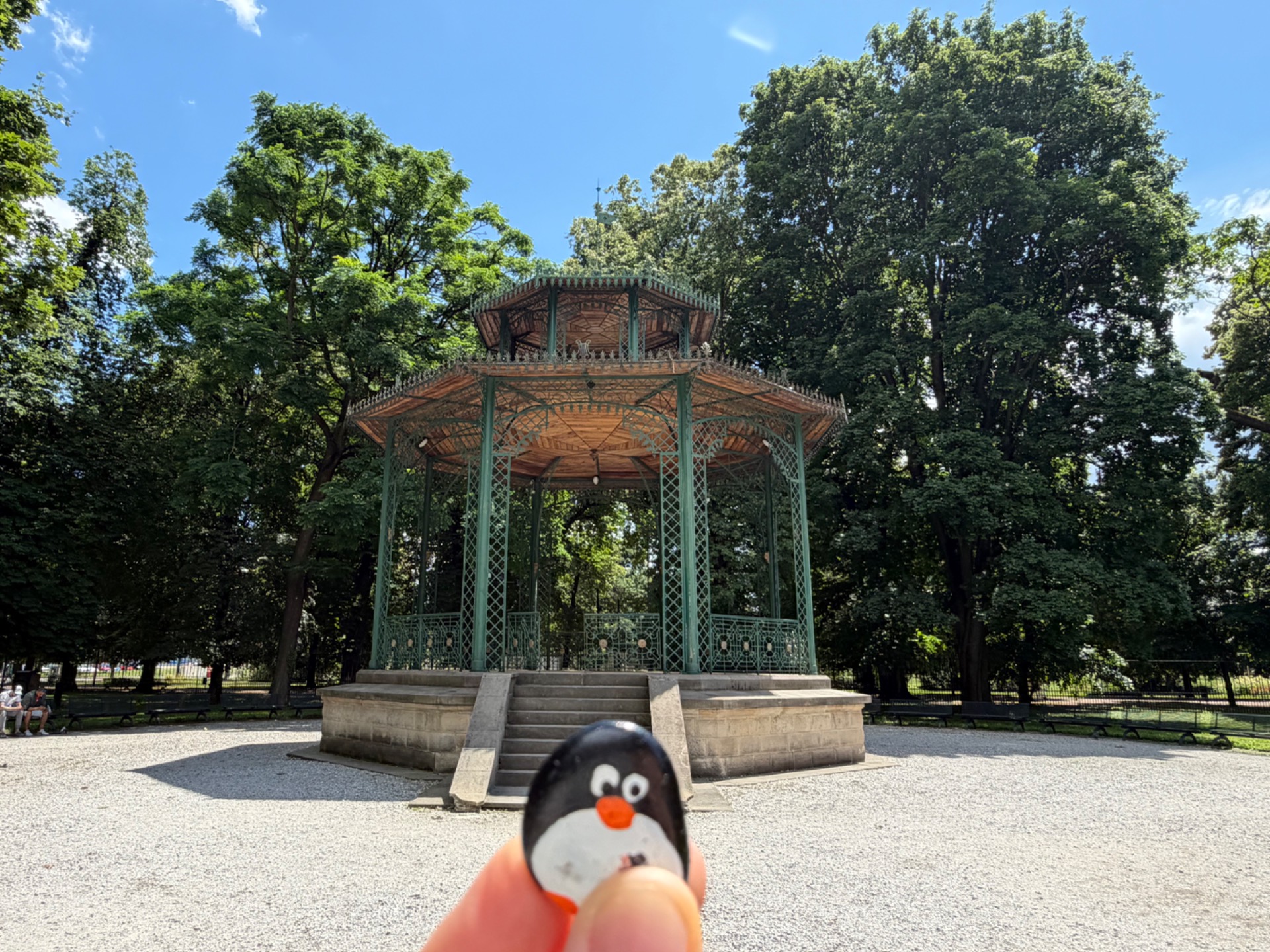 Hand-painted penguin stone #1096 hidden at Historical Musical Gazebo, Kosice, Slovakia (photo 1 of 4)