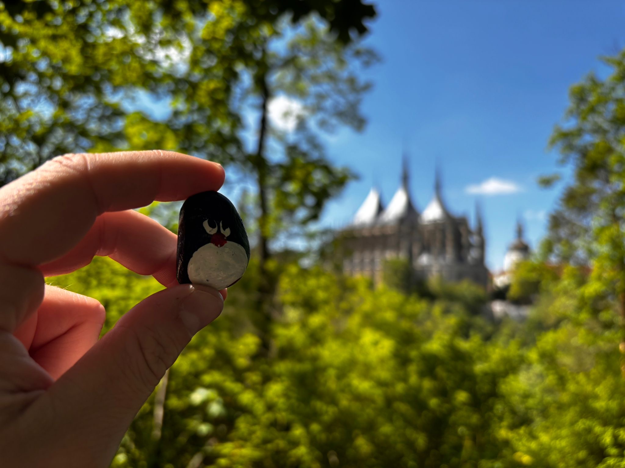 Hand-painted penguin stone #1186 hidden at Viewpoint overlooking St. Barbara's Church, Kutna Hora, Czechia (photo 1 of 5)