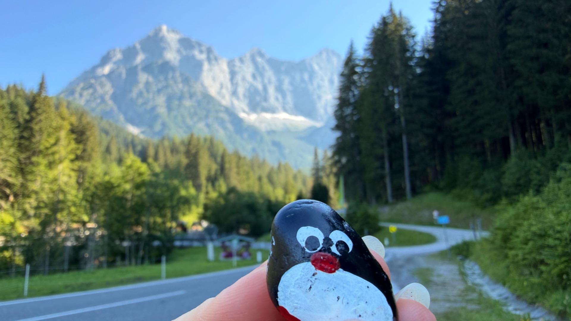 Hand-painted penguin stone #1223 hidden at Sign, Ramsau am Dachstein, Austria (photo 1 of 5)