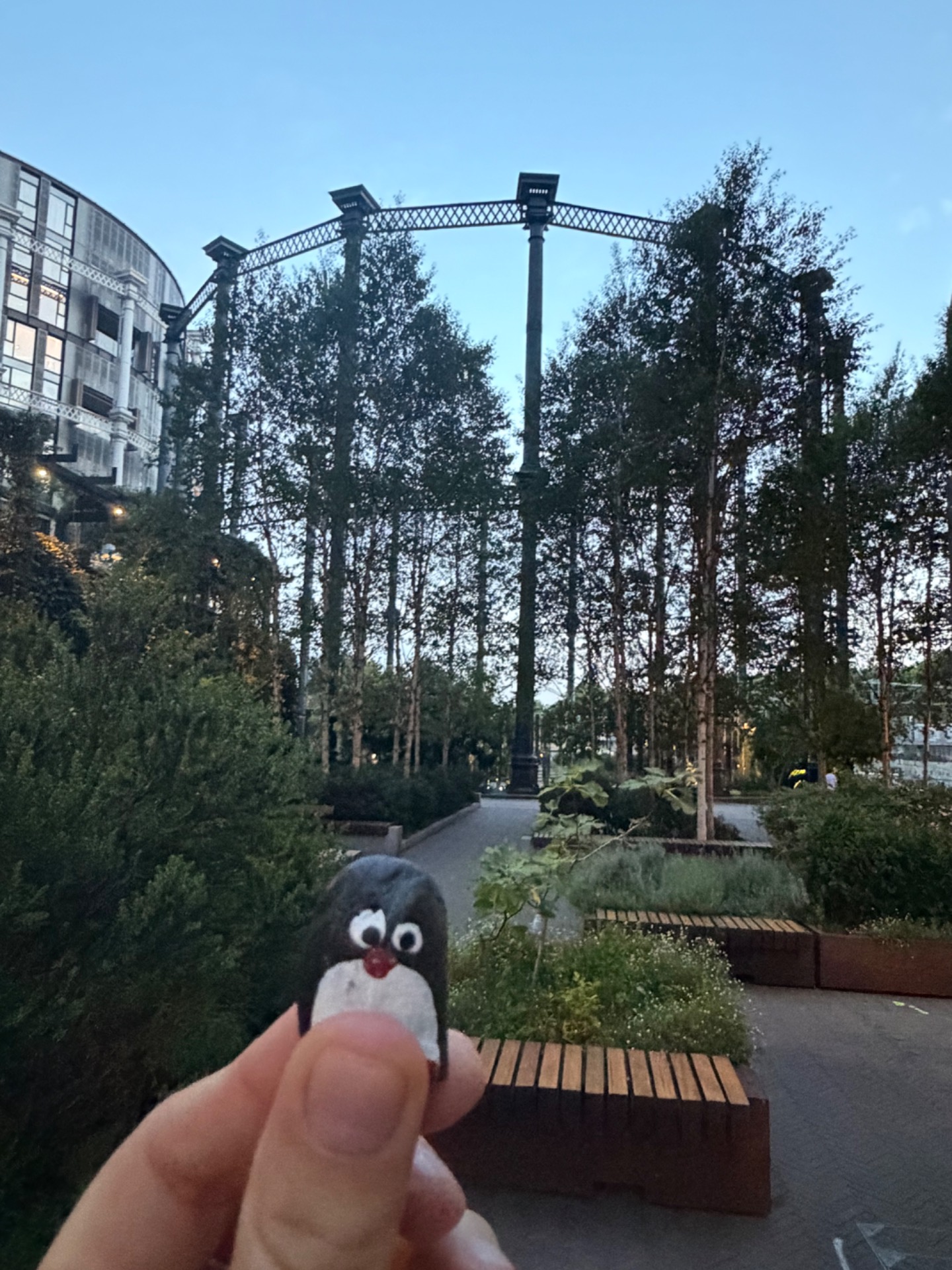 Hand-painted penguin stone #1221 hidden at Gasholder Park, London, United Kingdom (photo 1 of 5)