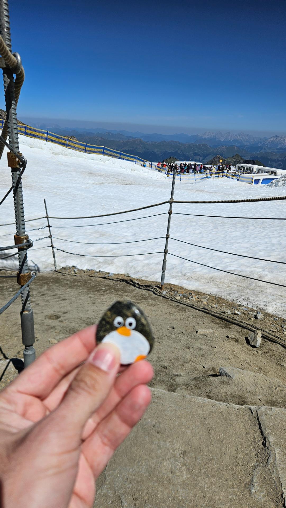 Hand-painted penguin stone #744 hidden at Glacier, Kitzsteinhorn, Austria (photo 1 of 5)