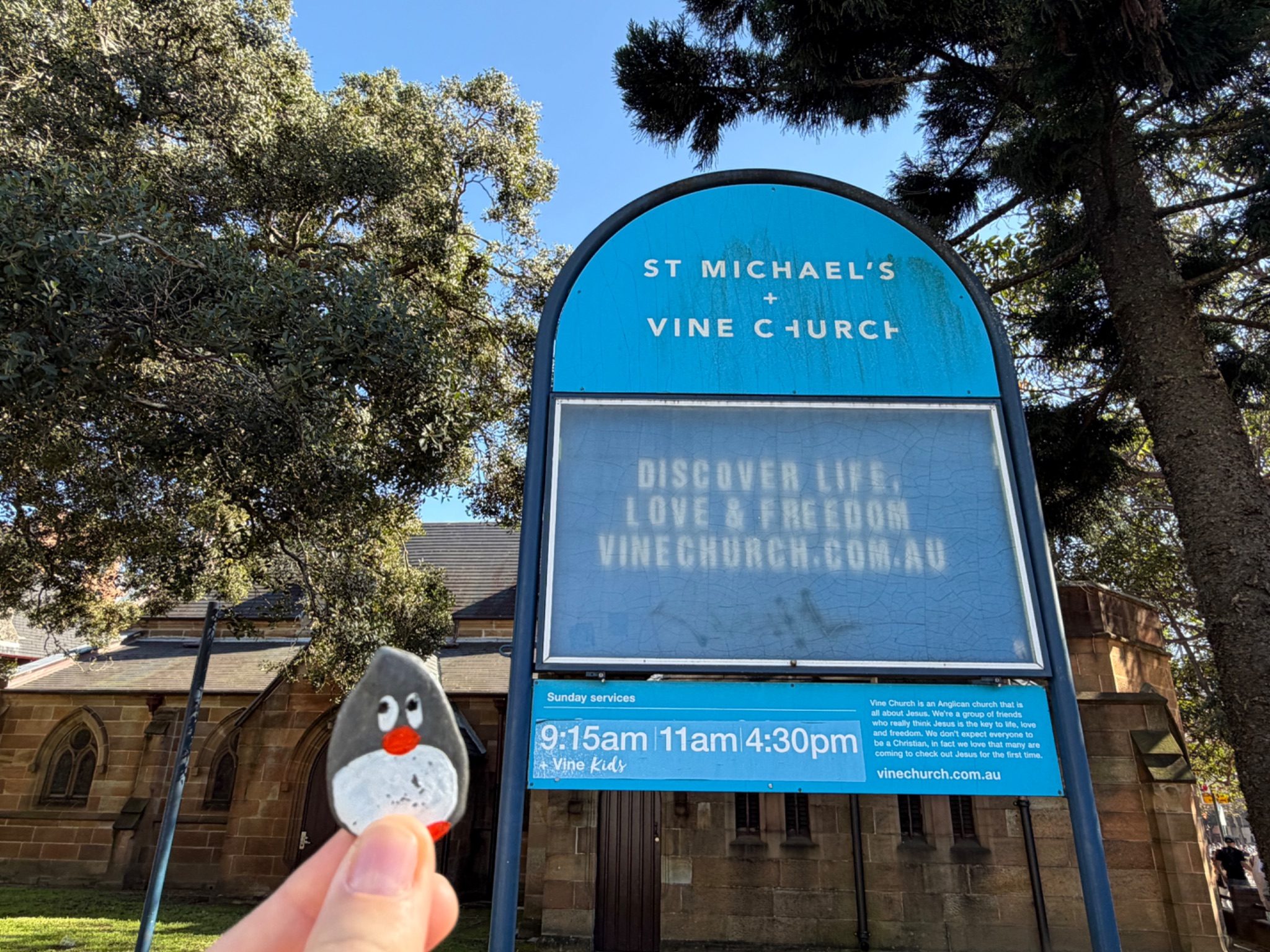 Hand-painted penguin stone #2317 hidden at Vine Church, Sydney, Australia (photo 1 of 5)