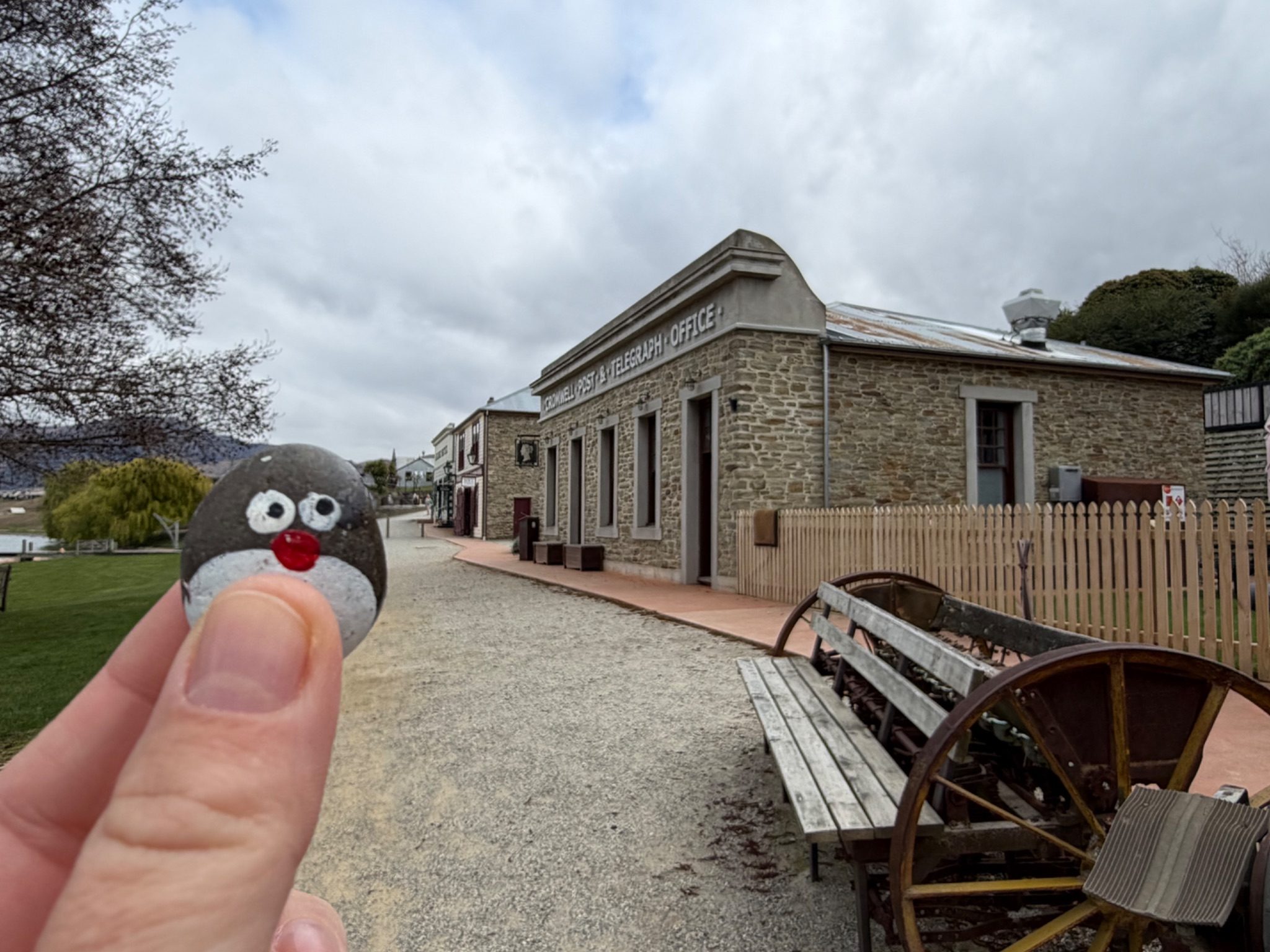 Hand-painted penguin stone #1658 hidden at Cromwell Heritage Precinct, Cromwell, New Zealand (photo 1 of 5)