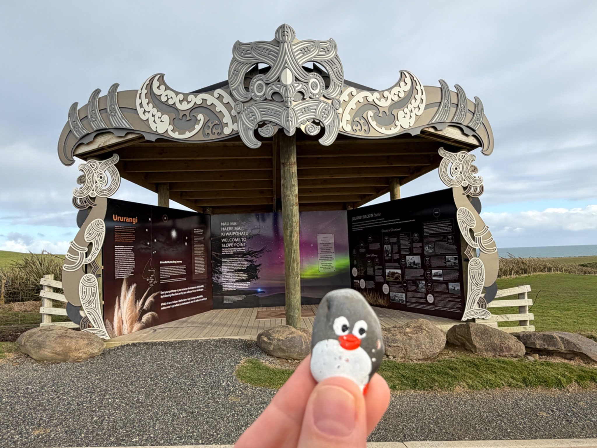 Hand-painted penguin stone #2324 hidden at Slope Point, Waihopai Toetoe Community, New Zealand (photo 1 of 5)