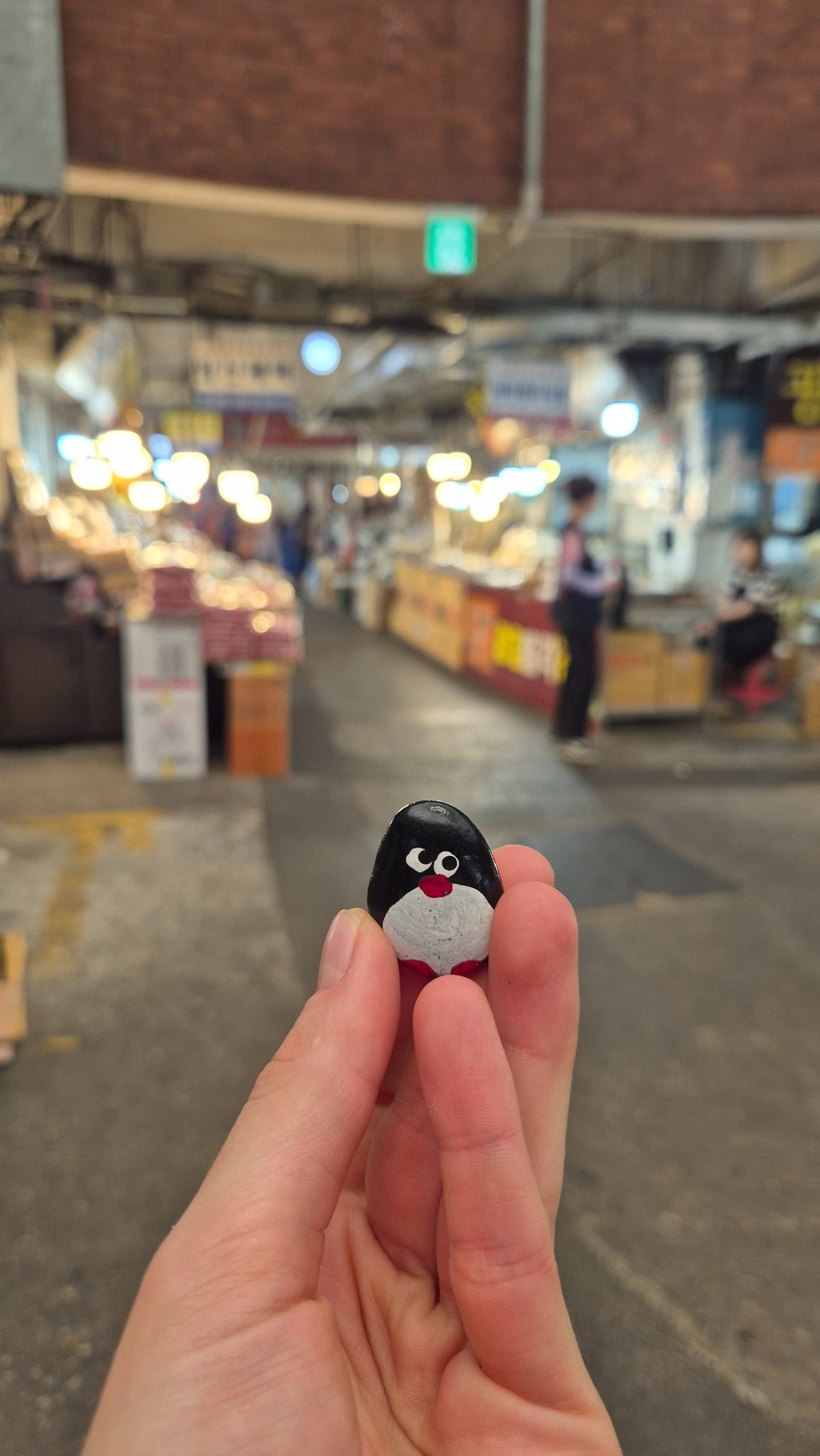 Hand-painted penguin stone #872 hidden at Geangjang Market, Seoul, South Korea (photo 1 of 4)