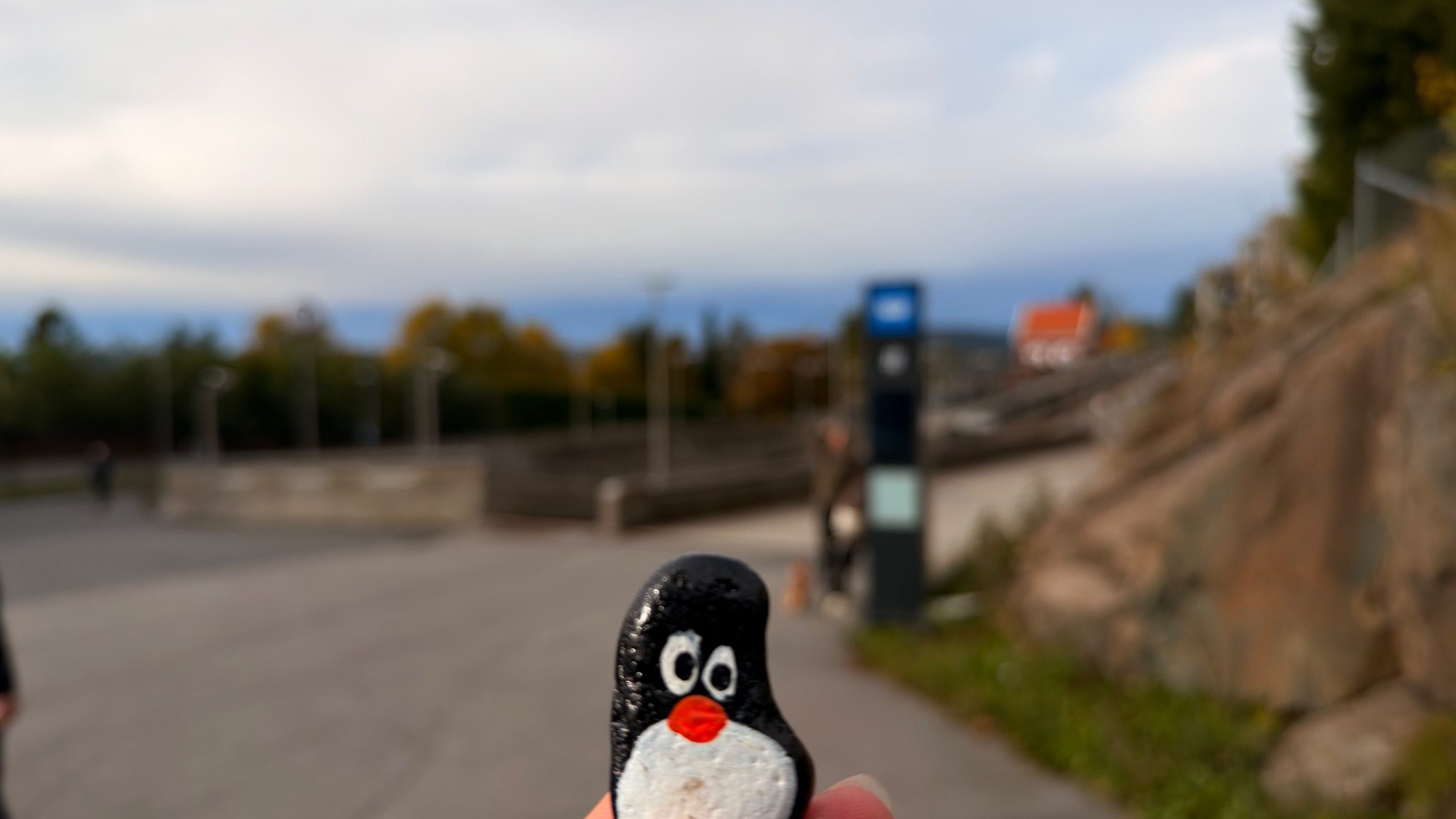 Hand-painted penguin stone #1351 hidden at Holmenkollen Metro Station, Oslo, Norway (photo 1 of 5)