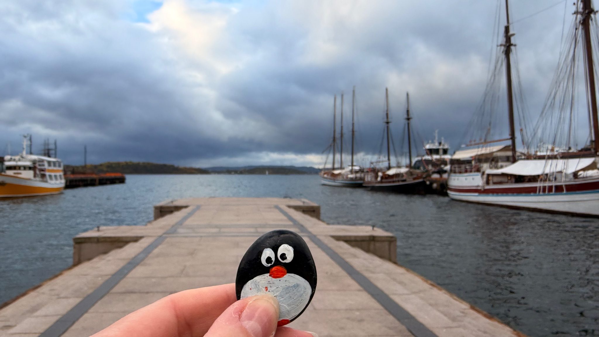 Hand-painted penguin stone #1494 hidden at Oslo City Hall Harbor, Oslo, Norway (photo 1 of 5)