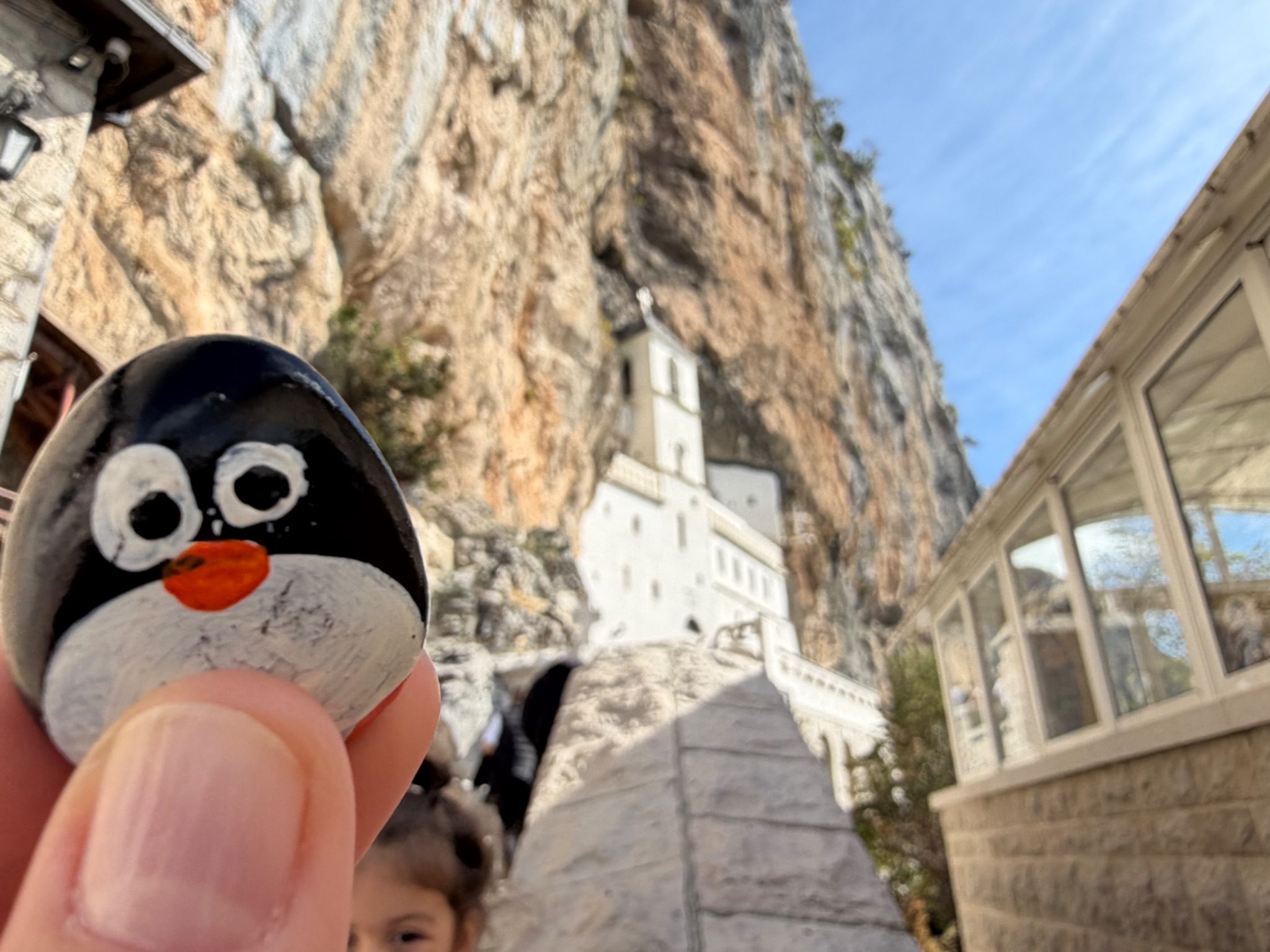 Hand-painted penguin stone #1518 hidden at Upper Ostrog Monastery, Bjelopavlici Plain, Montenegro (photo 1 of 5)