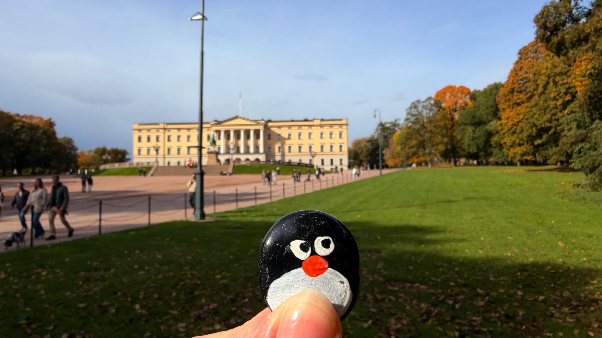 Hand-painted penguin stone #1522 hidden at Tree Near the Royal Palace, Oslo, Norway (photo 1 of 5)
