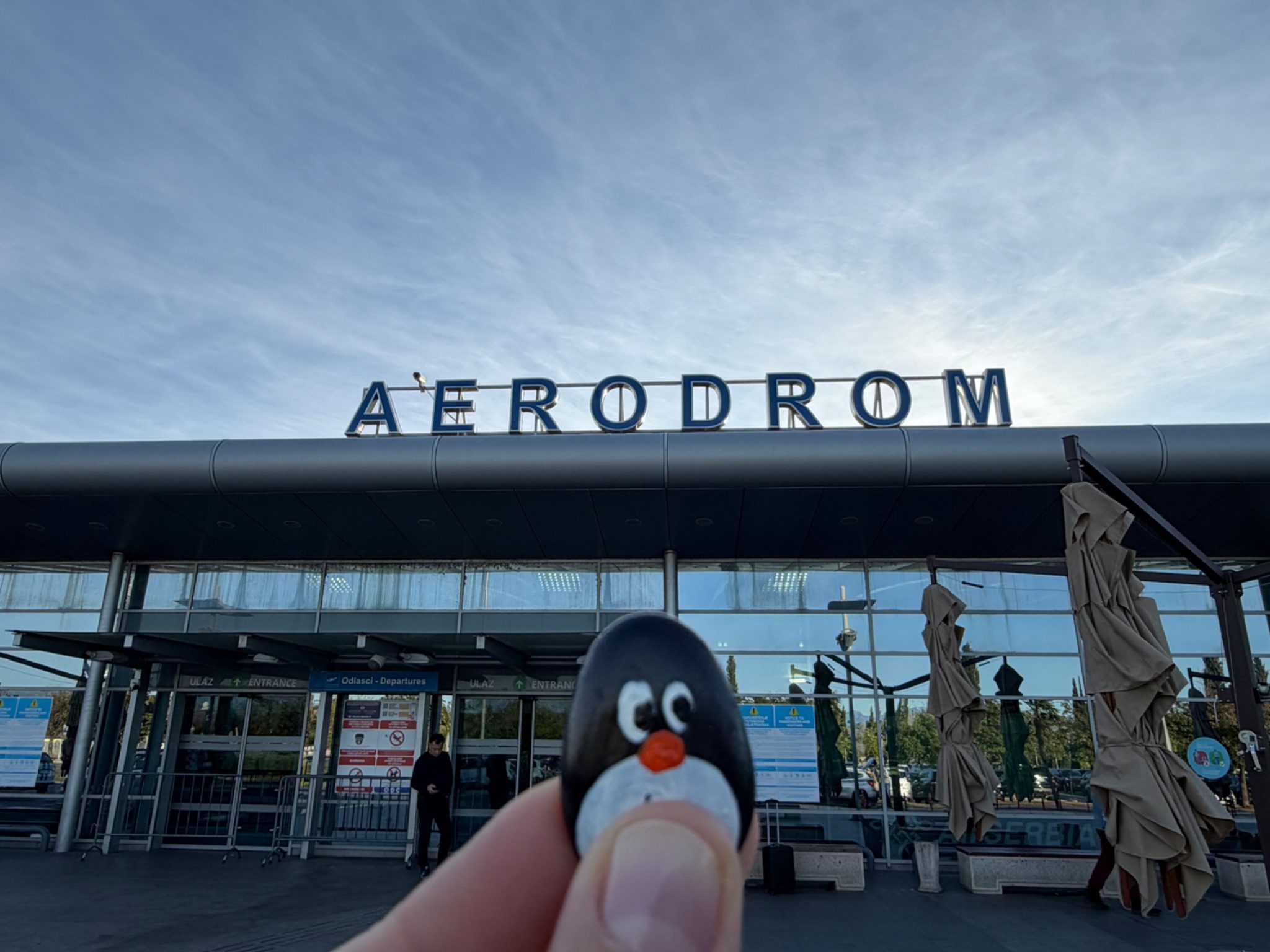Hand-painted penguin stone #1543 hidden at Podgorica Airport, Golubovci, Montenegro (photo 1 of 4)