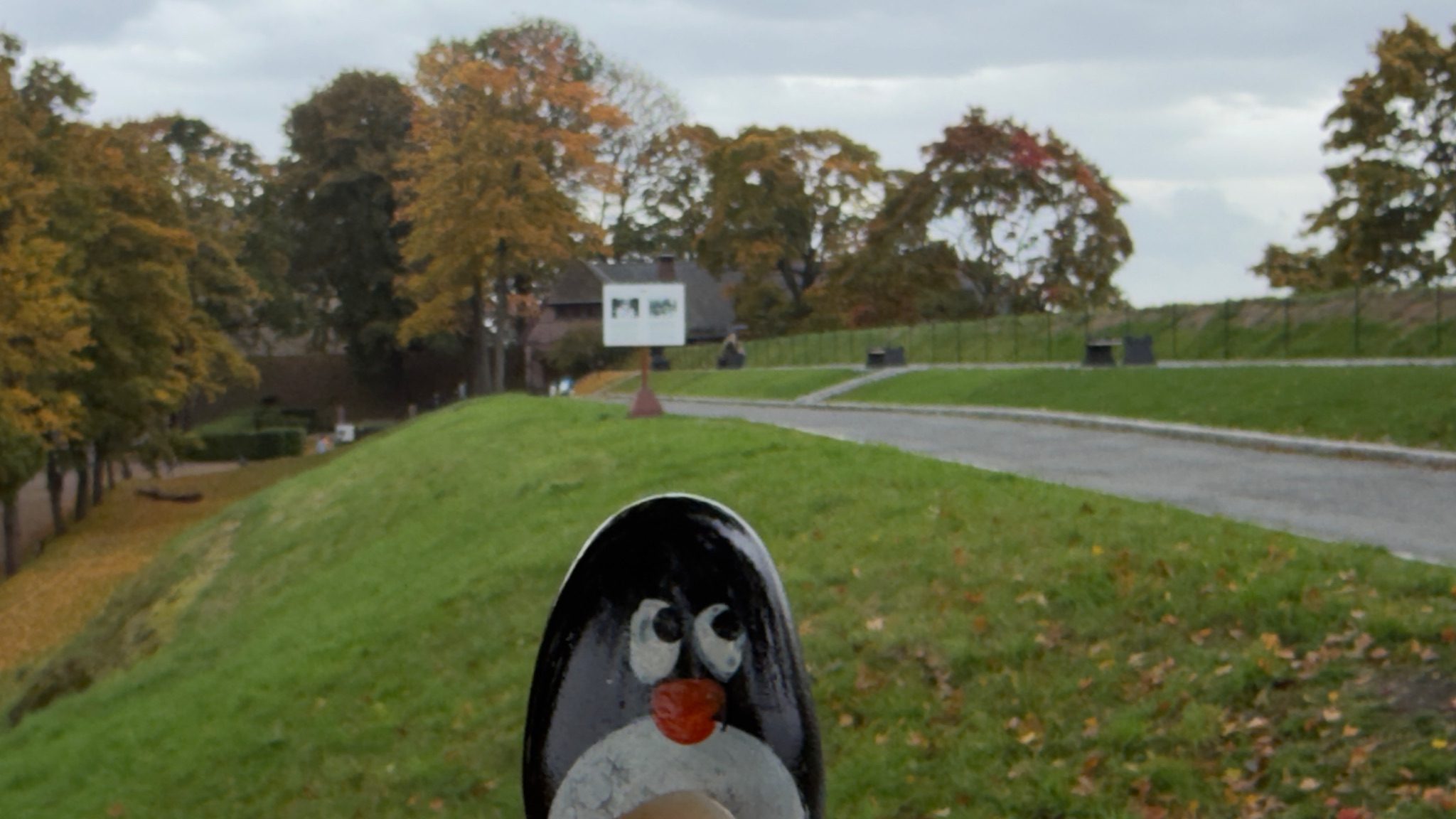 Hand-painted penguin stone #1572 hidden at Tree Trunk at Fortress, Oslo, Norway (photo 1 of 5)