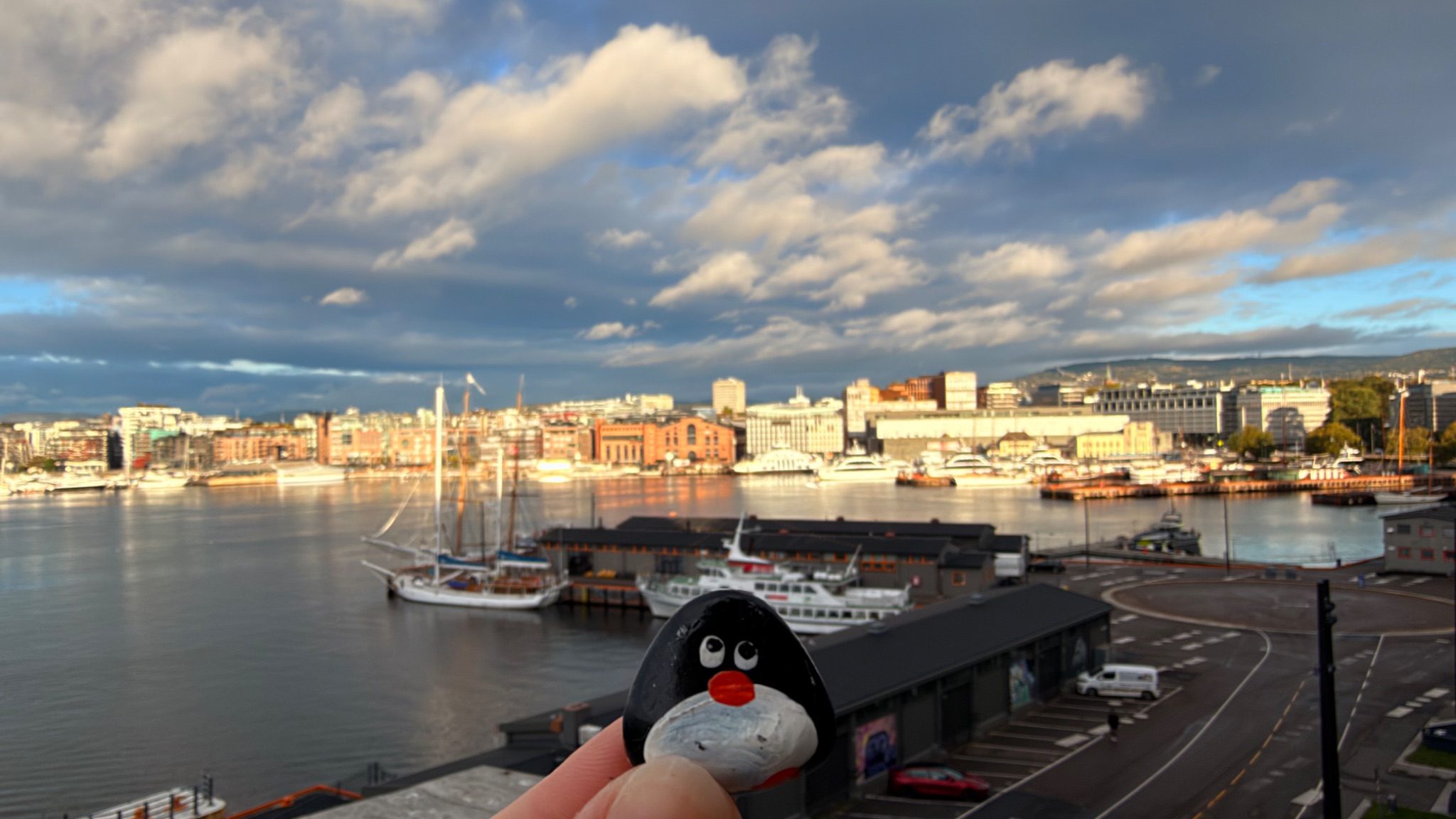 Hand-painted penguin stone #1582 hidden at Akershus Fortress Viewpoint, Oslo, Norway (photo 1 of 5)