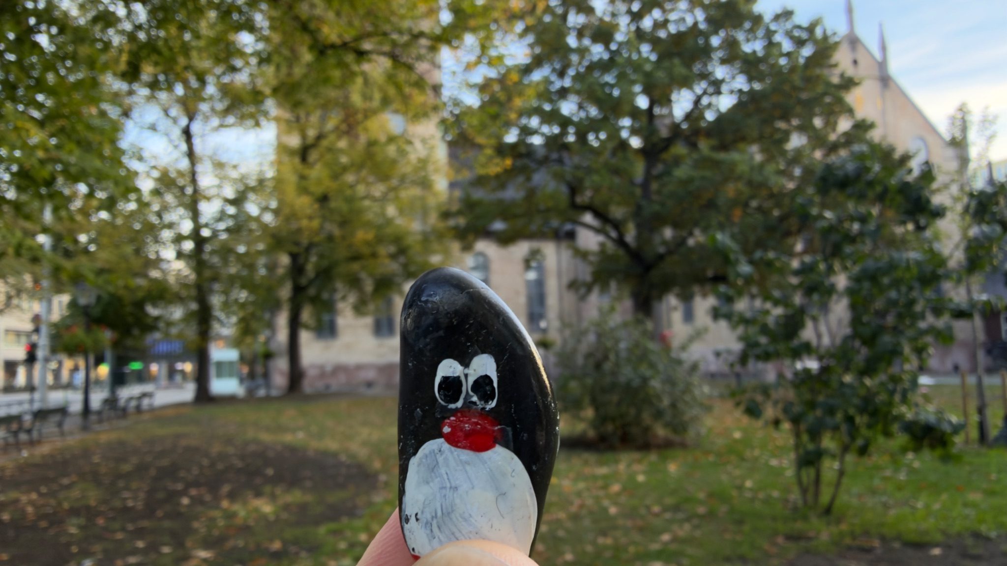 Hand-painted penguin stone #2174 hidden at Oslo Cathedral, Oslo, Norway (photo 1 of 5)